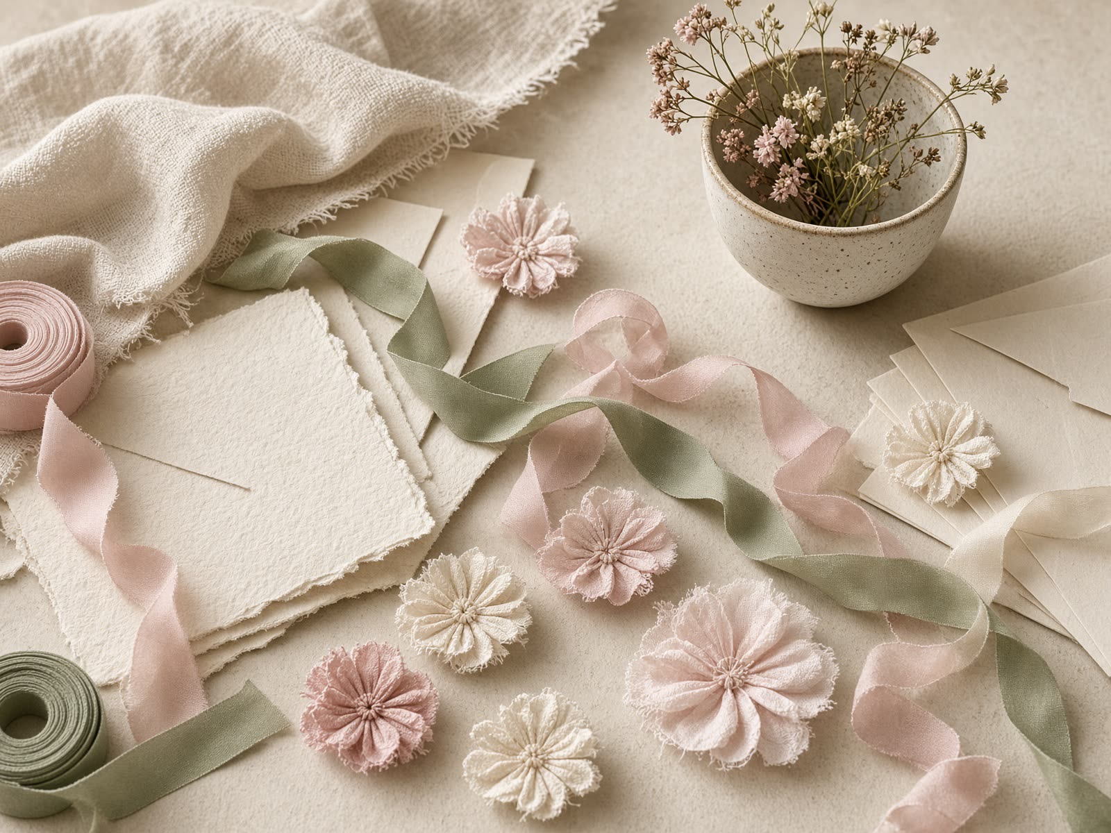 Worktable with ribbons, handmade flowers, and cream paper.
