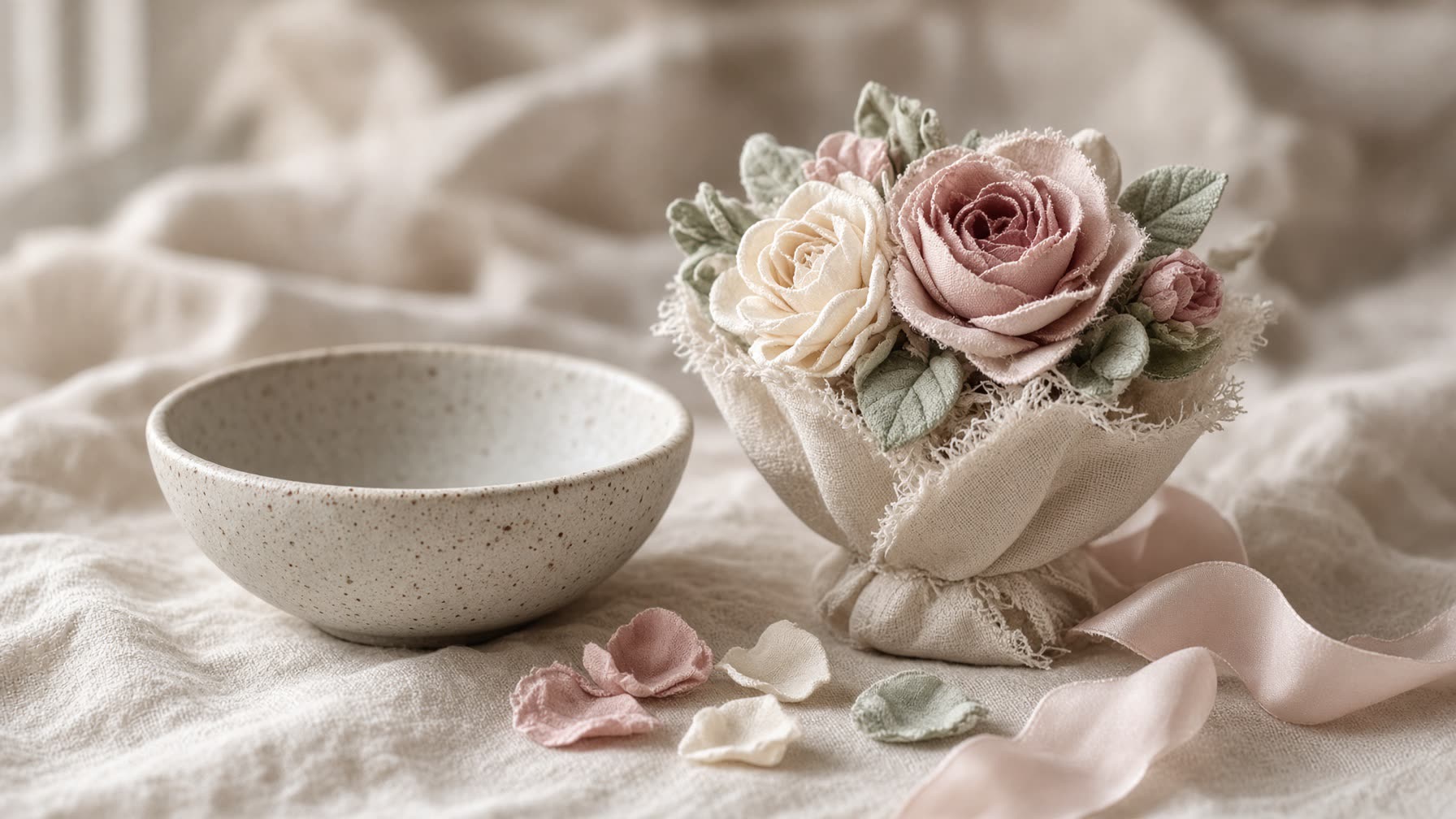Handmade blush and cream fabric roses wrapped in linen, beside a speckled ceramic bowl.