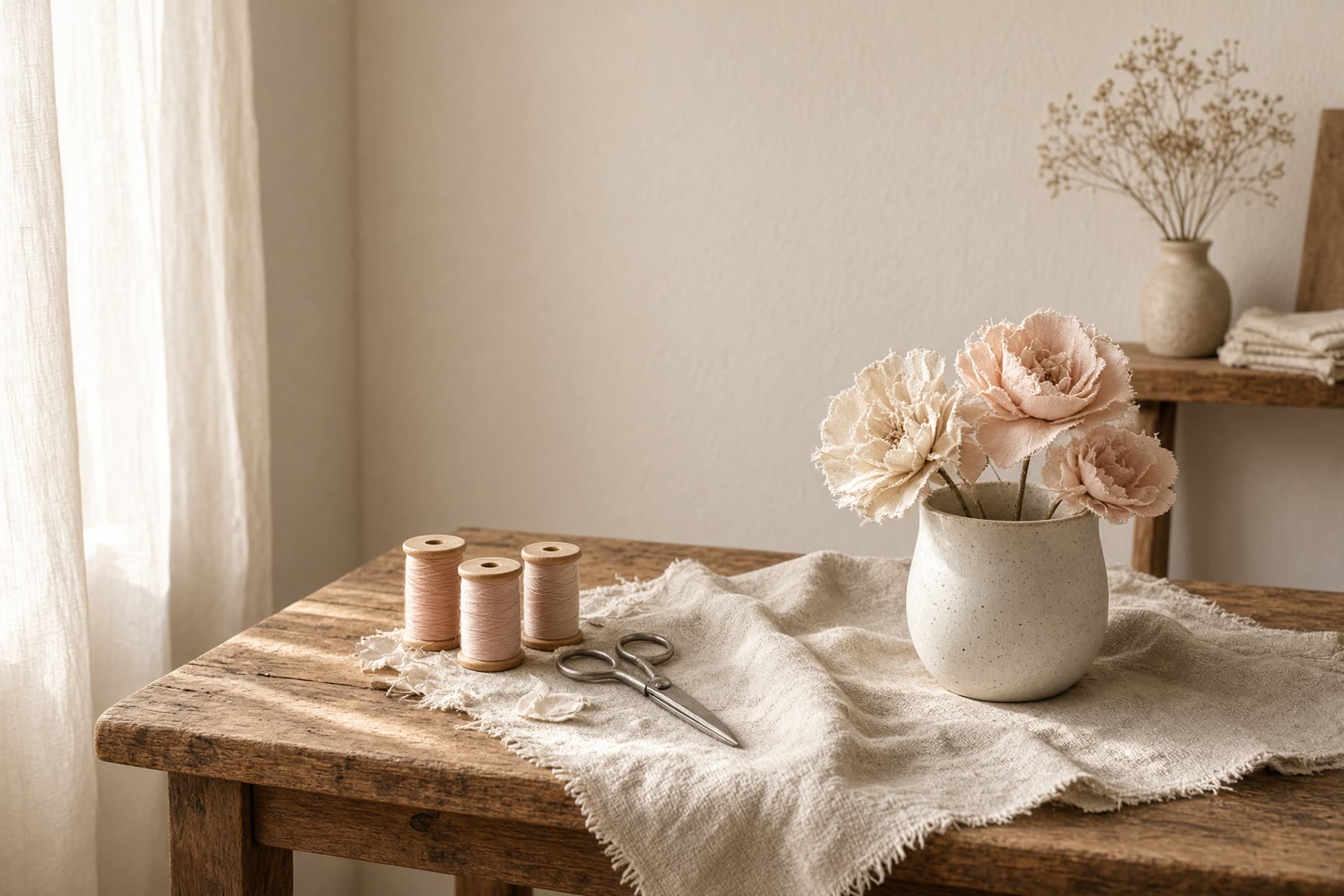 Sunlit worktable with thread, scissors, and handmade flowers in a ceramic cup.